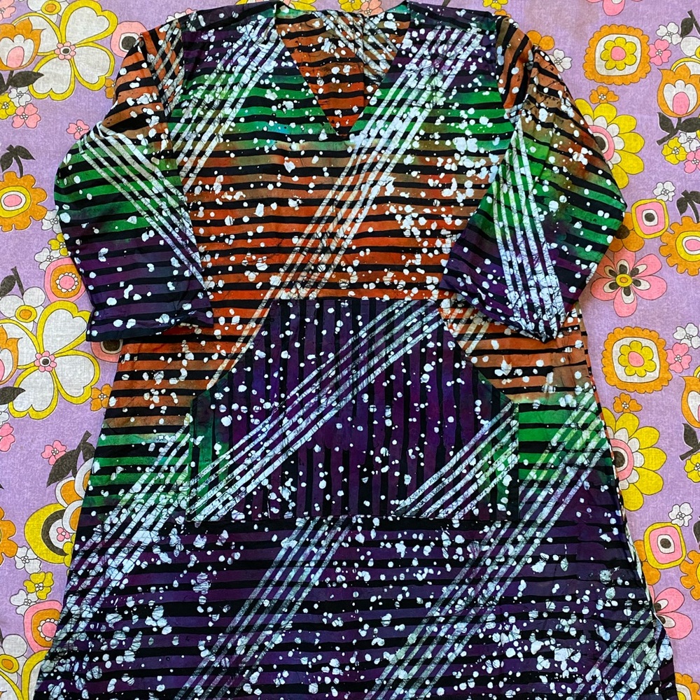 Vintage cotton rainbow acid wash tie dye mid tunic top dress pocket L petite